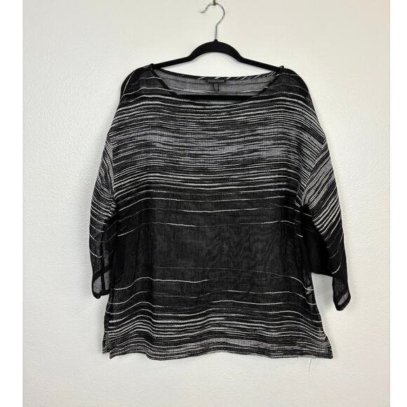 Eileen Fisher Black Illusion Organic Linen Mesh Bateau Neck Top Small - Picture 3 of 6